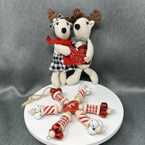 Lot Of 2 Christmas Joy Decor Reindeer Couple & Spools Of Thread Rustic Ornament